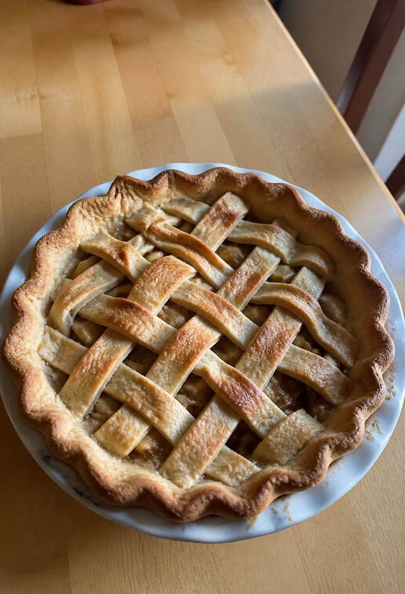 A freshly baked apple pie cooling on a wooden table, surrounded by autumn leaves and a decorative Thanksgiving centerpiece