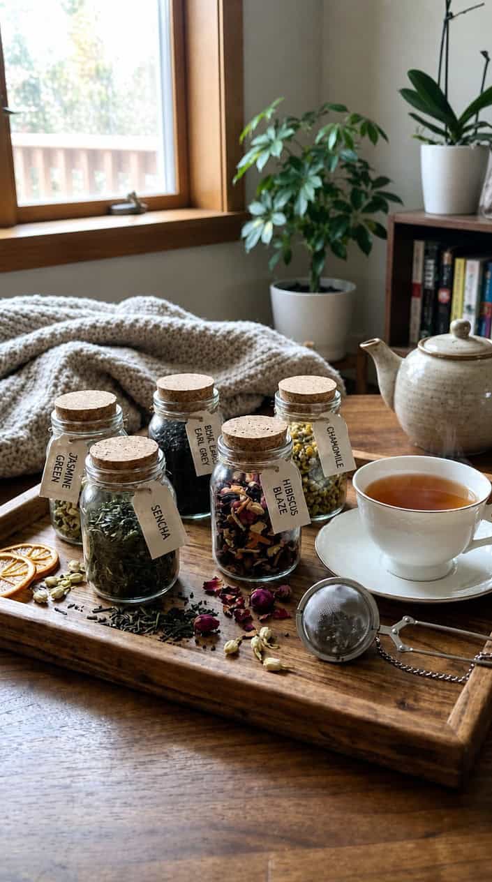 A wooden tray holding glass jars of colorful loose-leaf teas, a steaming white teacup, and a silver tea infuser, arranged on a warm, softly lit surface.
