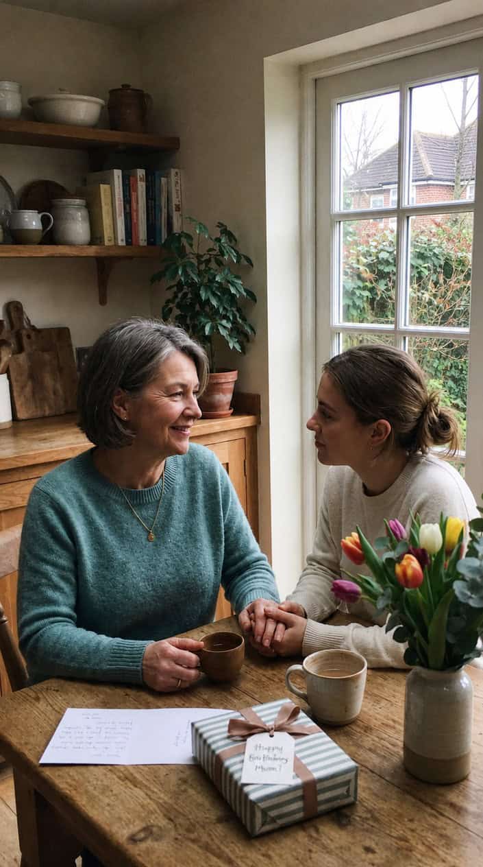 A middle-aged woman and a younger woman sitting at a kitchen table, holding hands and smiling warmly at each other.