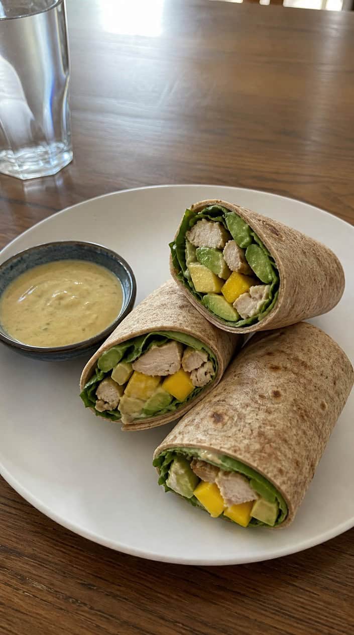 Two halved wraps on a wooden board showing layers of shredded chicken, green avocado, and bright yellow mango chunks, with a small bowl of dressing and sliced tropical fruit arranged nearby.