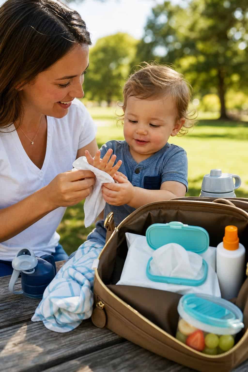 A parent wiping a toddler's hands with a baby wipe beside an open travel pack of wipes on a sunny park picnic blanket.