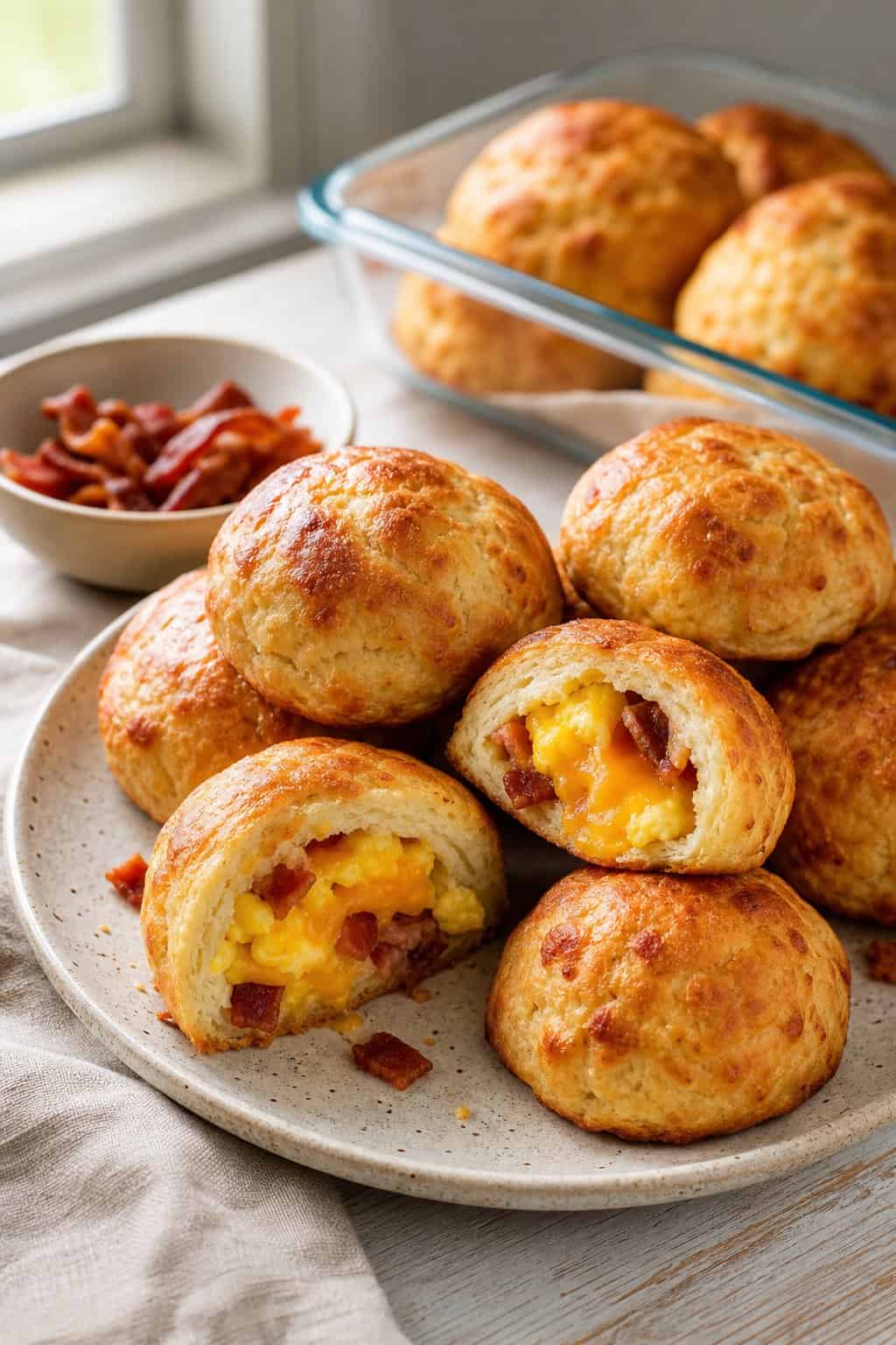 Golden-brown biscuit bombs on a white breakfast table, one split open to reveal crumbled bacon, scrambled egg, and melted cheddar inside a fluffy biscuit exterior.