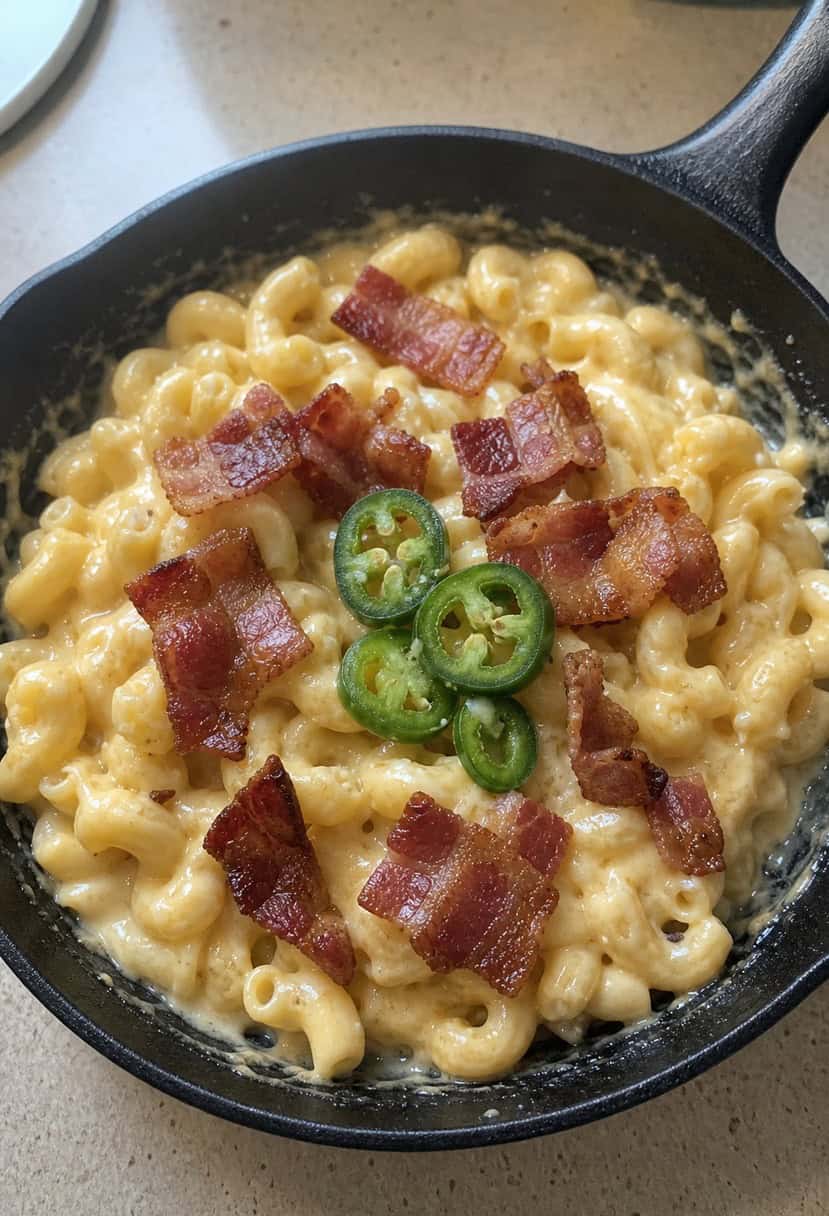 A sizzling skillet filled with creamy mac and cheese, topped with crispy bacon and spicy jalapeños