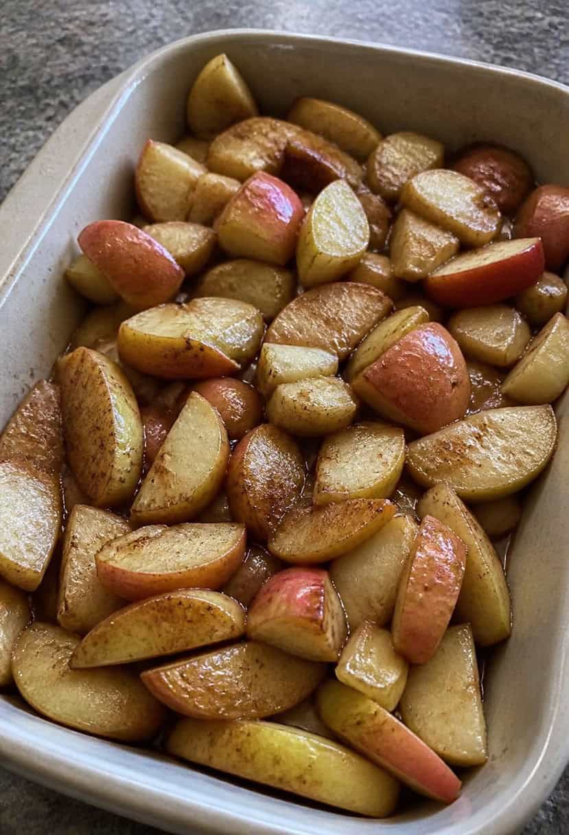 A table set with a platter of baked apples sprinkled with cinnamon, surrounded by other Thanksgiving dishes