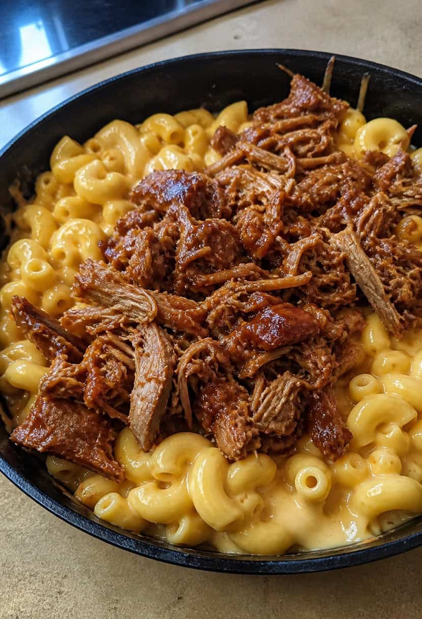 A sizzling skillet filled with creamy mac and cheese topped with tender BBQ pulled pork, bubbling and golden brown