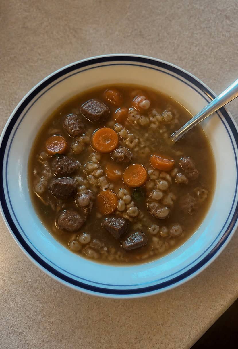 A steaming pot of beef barley soup surrounded by fresh vegetables and herbs on a rustic wooden table