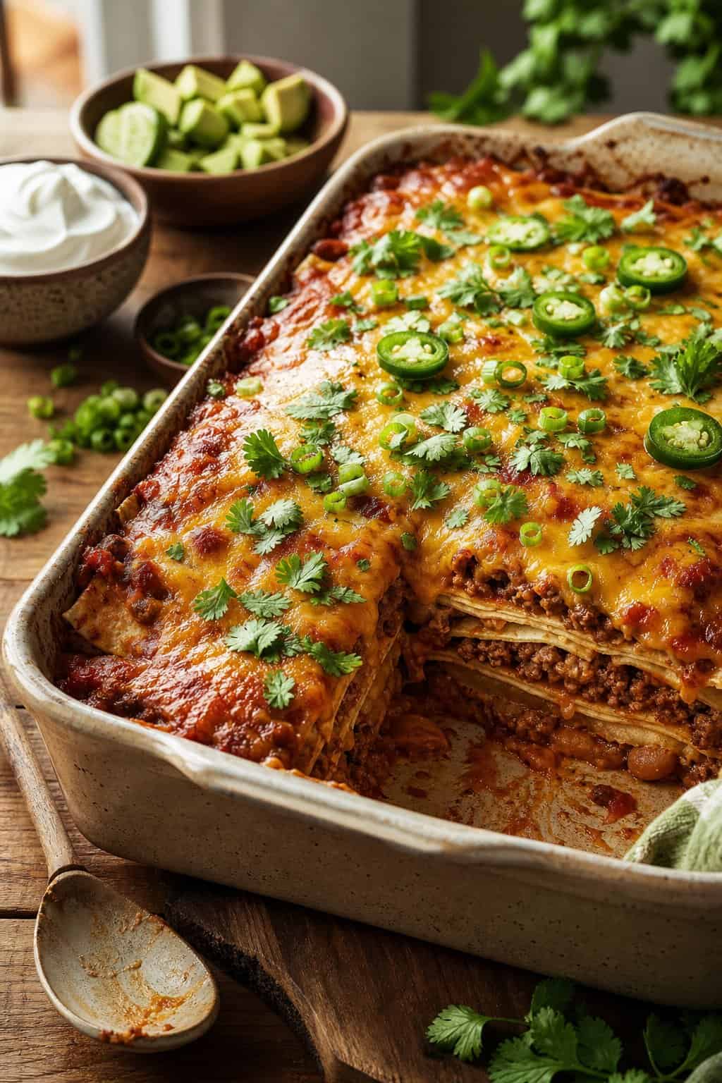 A deep rectangular baking dish of bubbling enchilada casserole with a golden melted cheese top and scattered fresh cilantro leaves.
