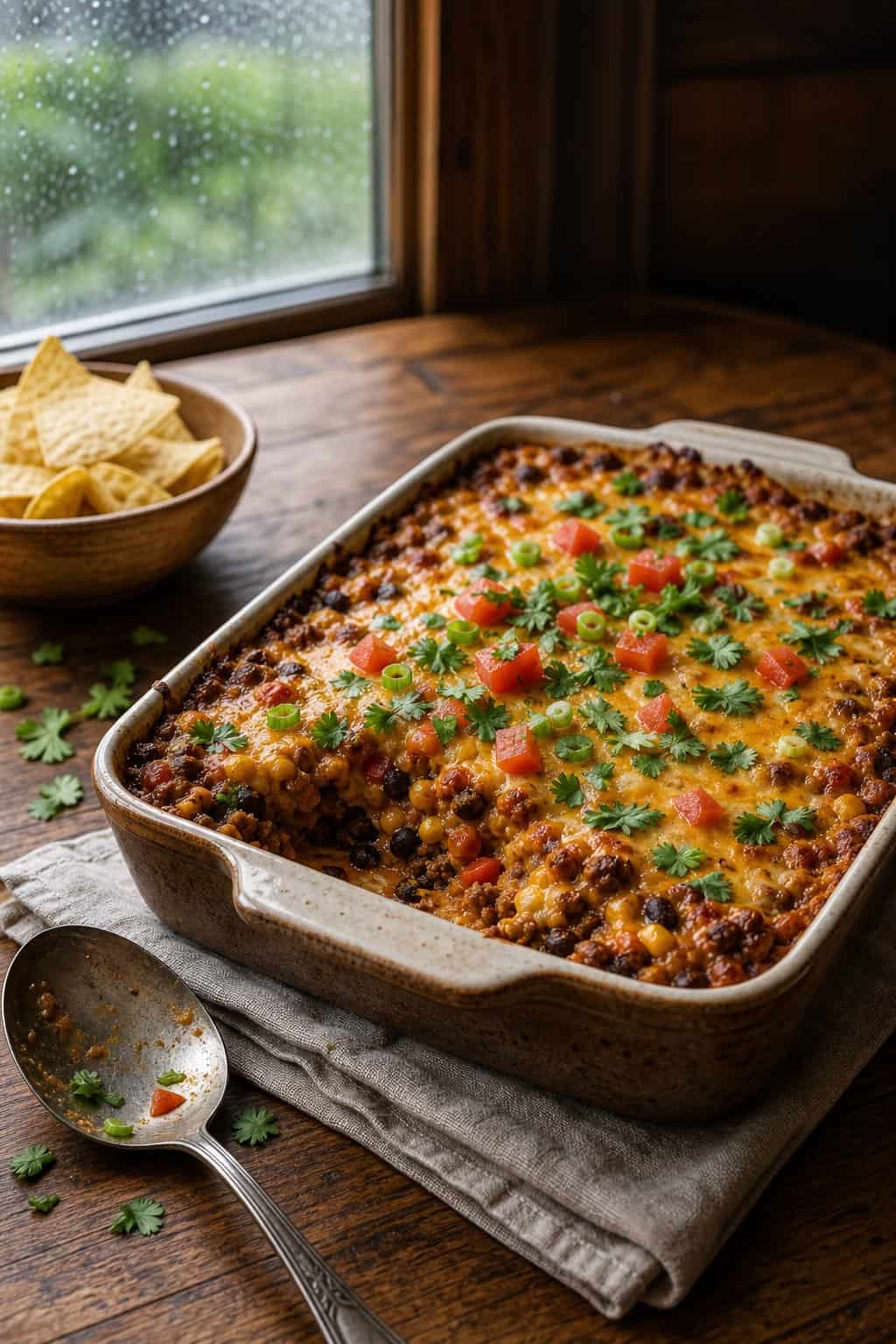 A freshly baked beef and bean taco casserole with bubbling melted orange cheddar and layered corn tortilla strips in a ceramic baking dish on a wooden table.