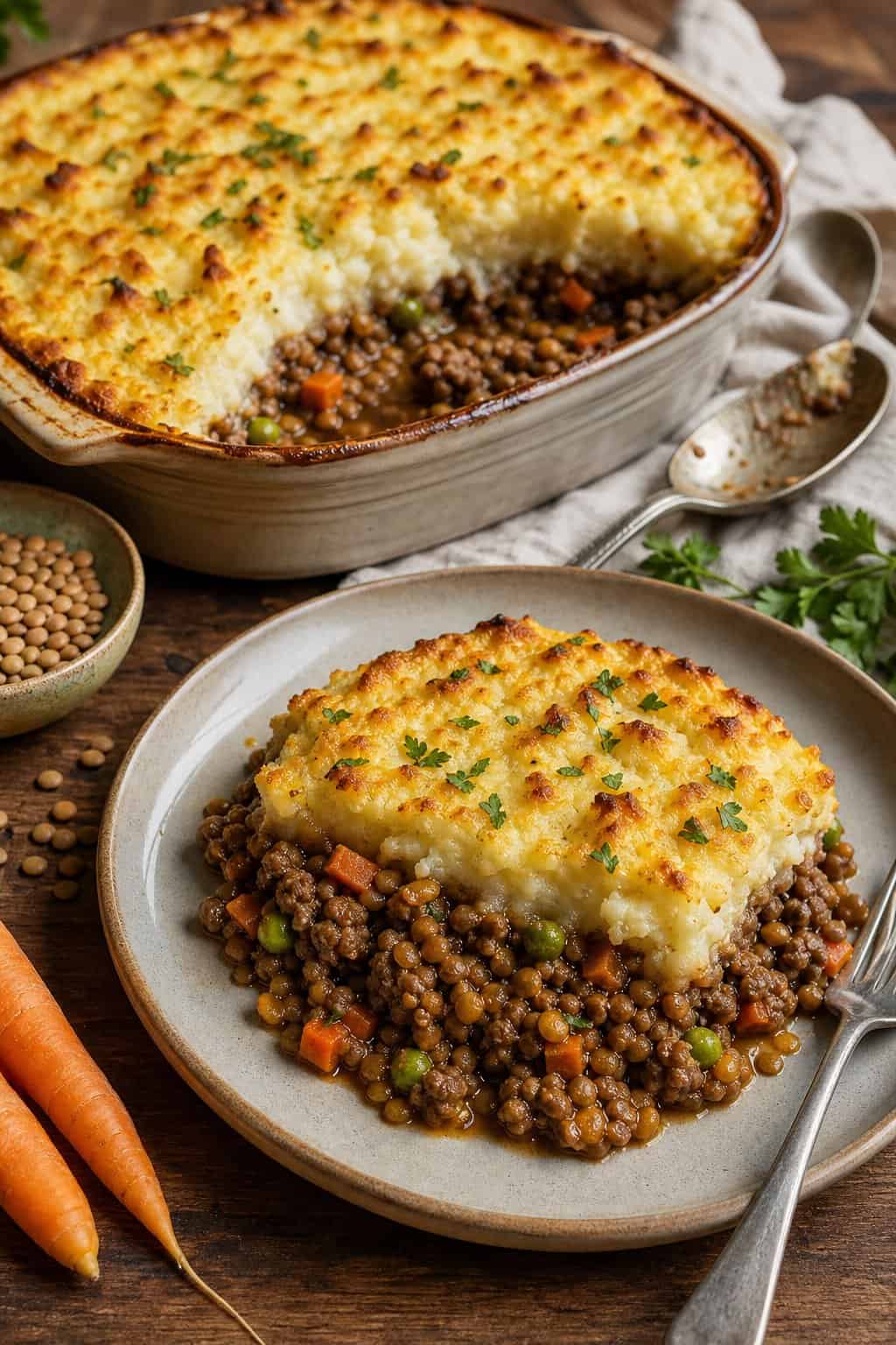 A white rectangular baking dish of shepherd's pie with a deeply golden mashed potato crust and a visible edge of dark beef and lentil filling peeking through the sides.