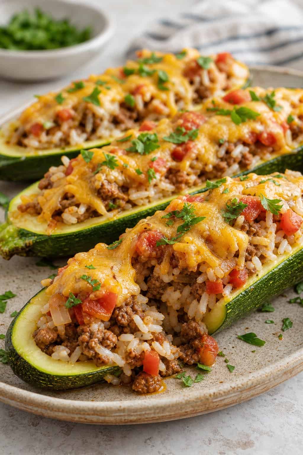Six halved zucchini boats arranged on a white serving platter, each filled with a mound of seasoned ground beef and rice mixture topped with bubbled golden mozzarella.