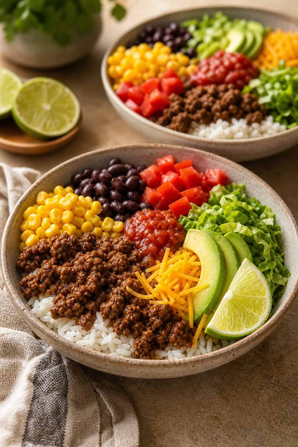 A wide bowl layered with fluffy white rice, seasoned ground beef, black beans, yellow corn, shredded cheddar, sliced avocado, and a wedge of lime on the side.