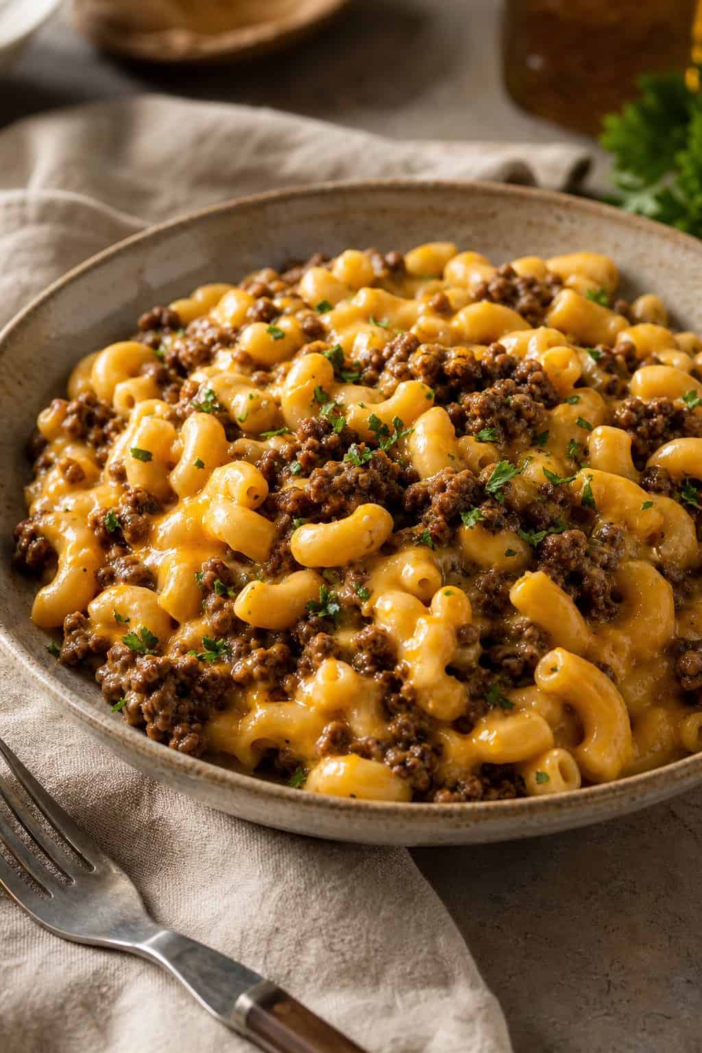 A cream-colored bowl of glossy macaroni and cheese topped with browned crumbled ground beef and a few flat-leaf parsley pieces against a pale background.