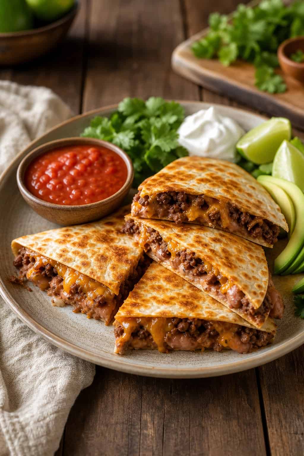 Crispy golden quesadilla wedges fanned out on a wooden board next to small ramekins of bright red salsa, white sour cream, sliced avocado, fresh cilantro, and a halved lime.