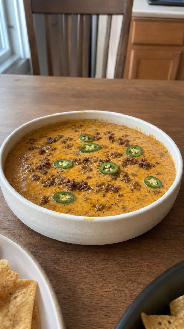 A bowl of melted queso with chorizo, garnished with cilantro and jalapeños, surrounded by tortilla chips on a wooden board.