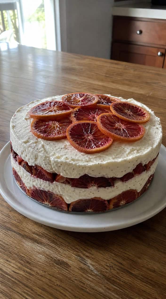 A layered semifreddo cake with blood orange slices and mint leaves on a white cake stand on a wooden table.