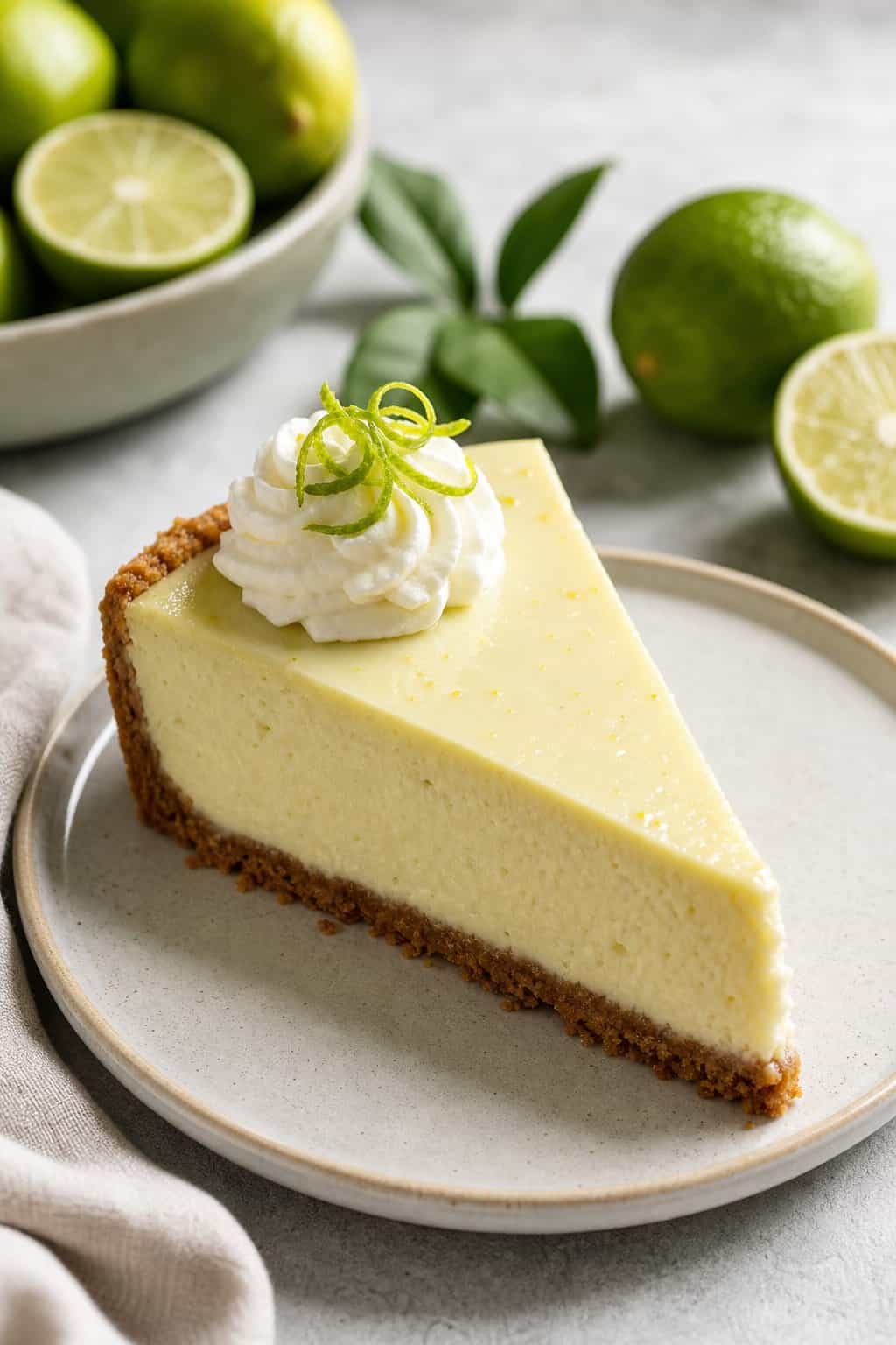 A slice of pale yellow key lime cheesecake with a thick graham cracker crust, a swirl of whipped cream on top, and a dusting of fresh lime zest, surrounded by halved green limes on a white plate.