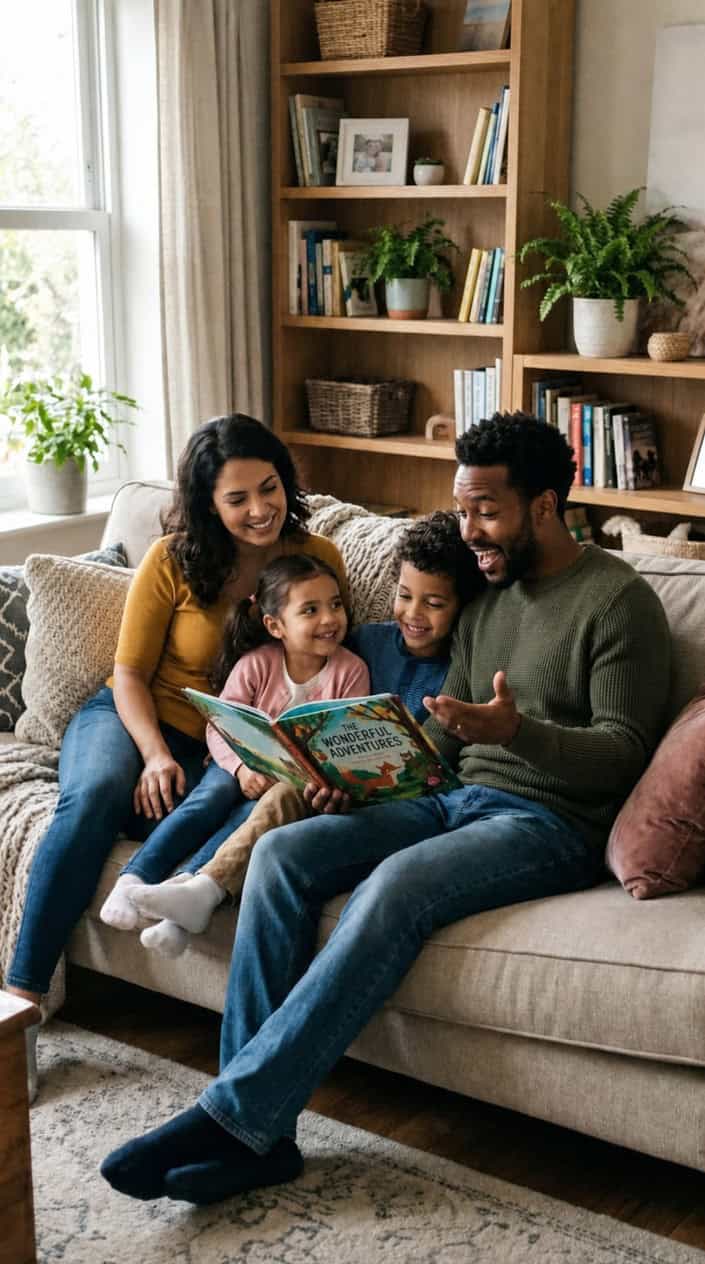 A family of four sitting together on a sofa, with the father reading a book to the children who listen attentively in a cozy living room.