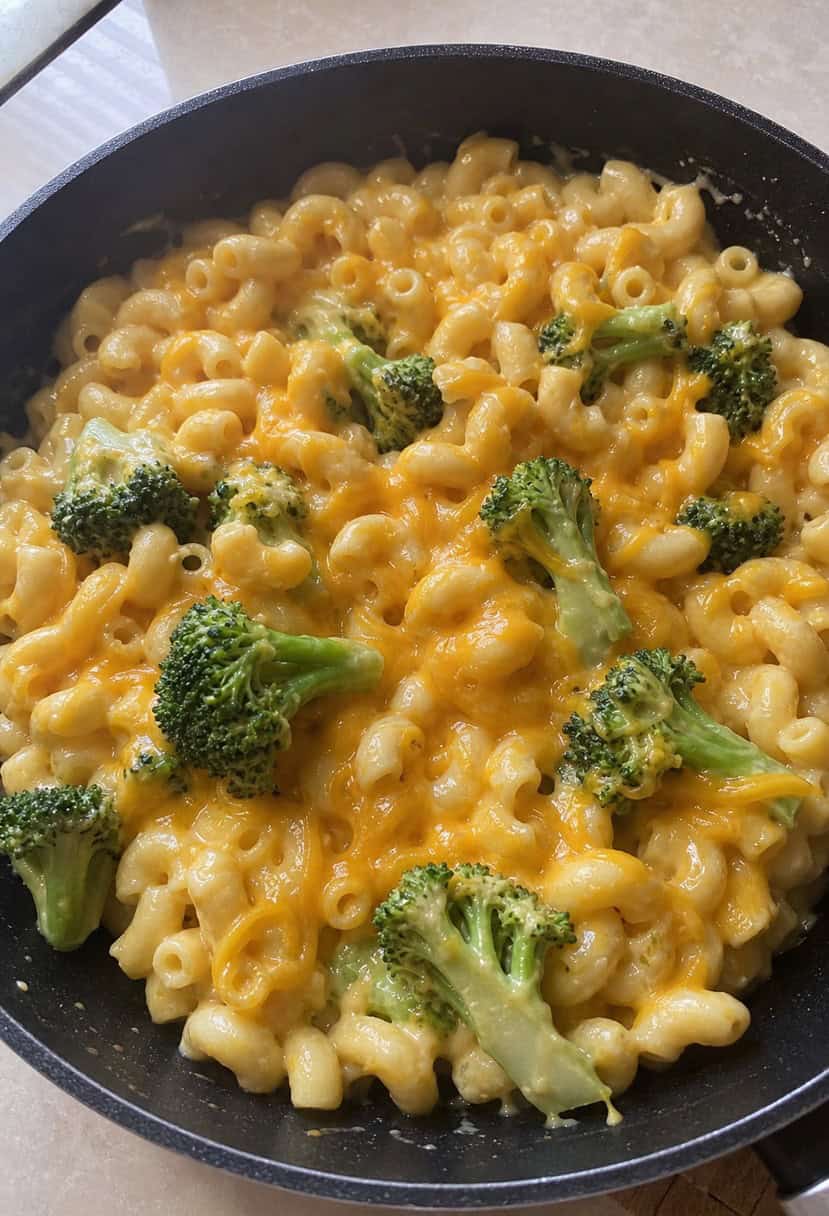 A bubbling skillet filled with creamy mac and cheese, topped with steamed broccoli and melted cheddar cheese