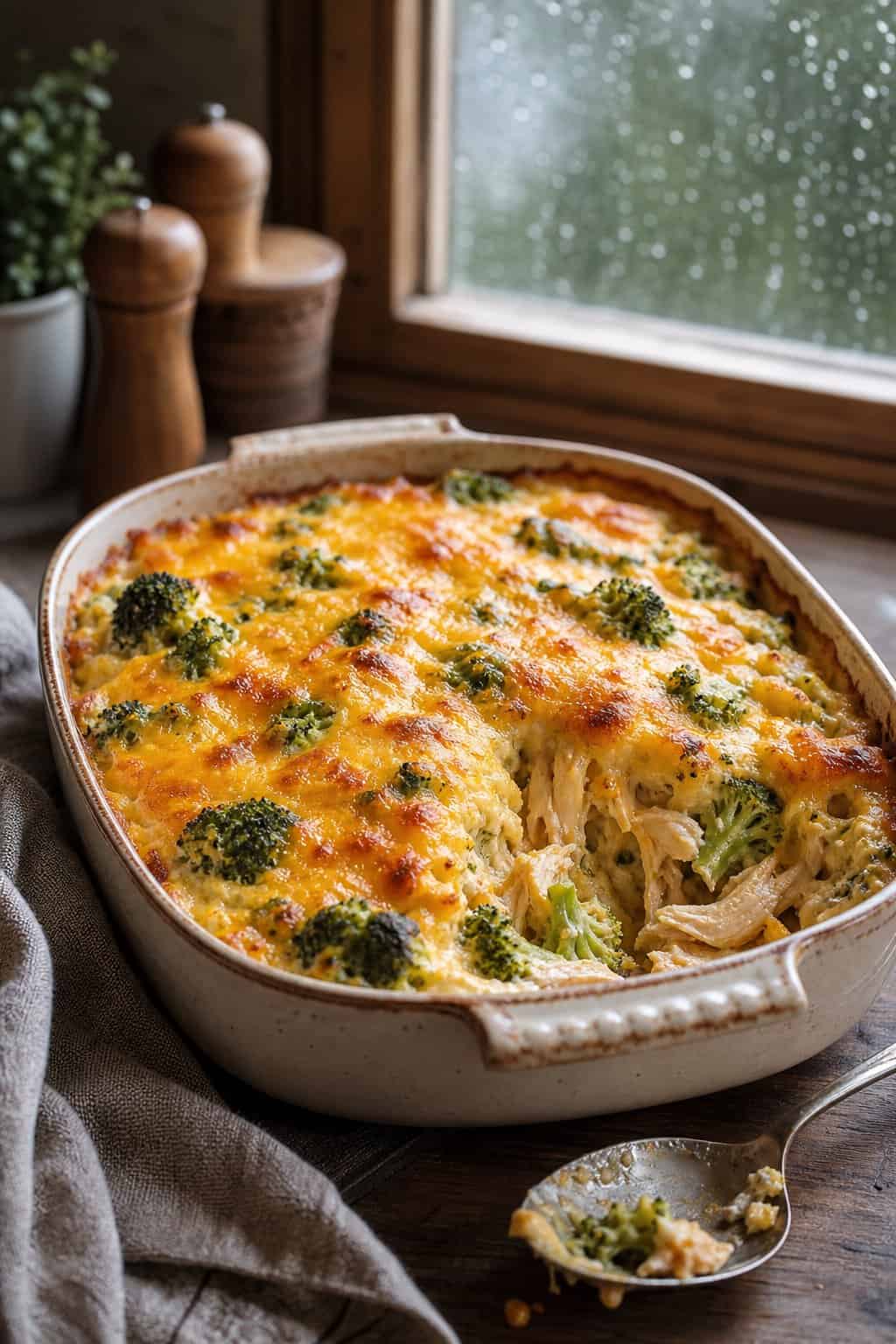A golden broccoli cheddar chicken casserole with visible green broccoli florets peeking through melted orange-yellow cheddar, in a white ceramic baking dish with a silver serving spoon beside it.