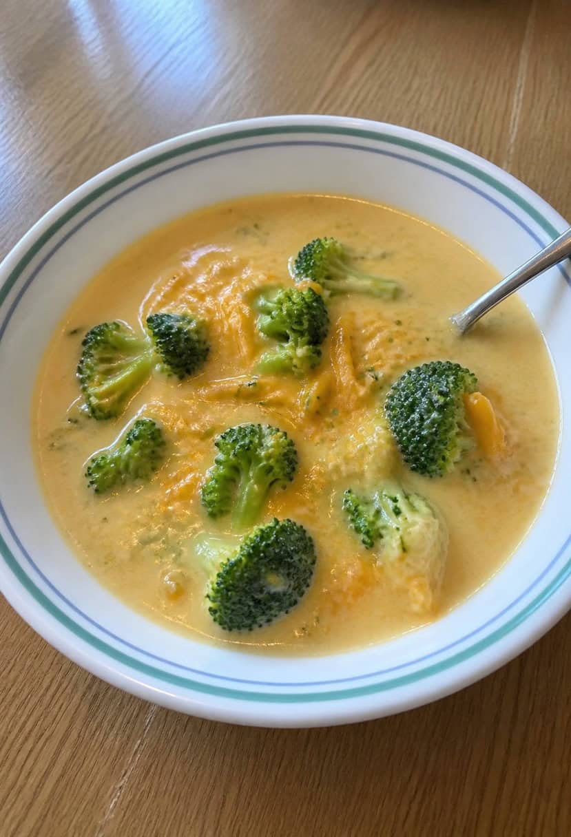 A bubbling pot of broccoli cheddar soup surrounded by fresh broccoli florets and a sprinkle of shredded cheddar cheese