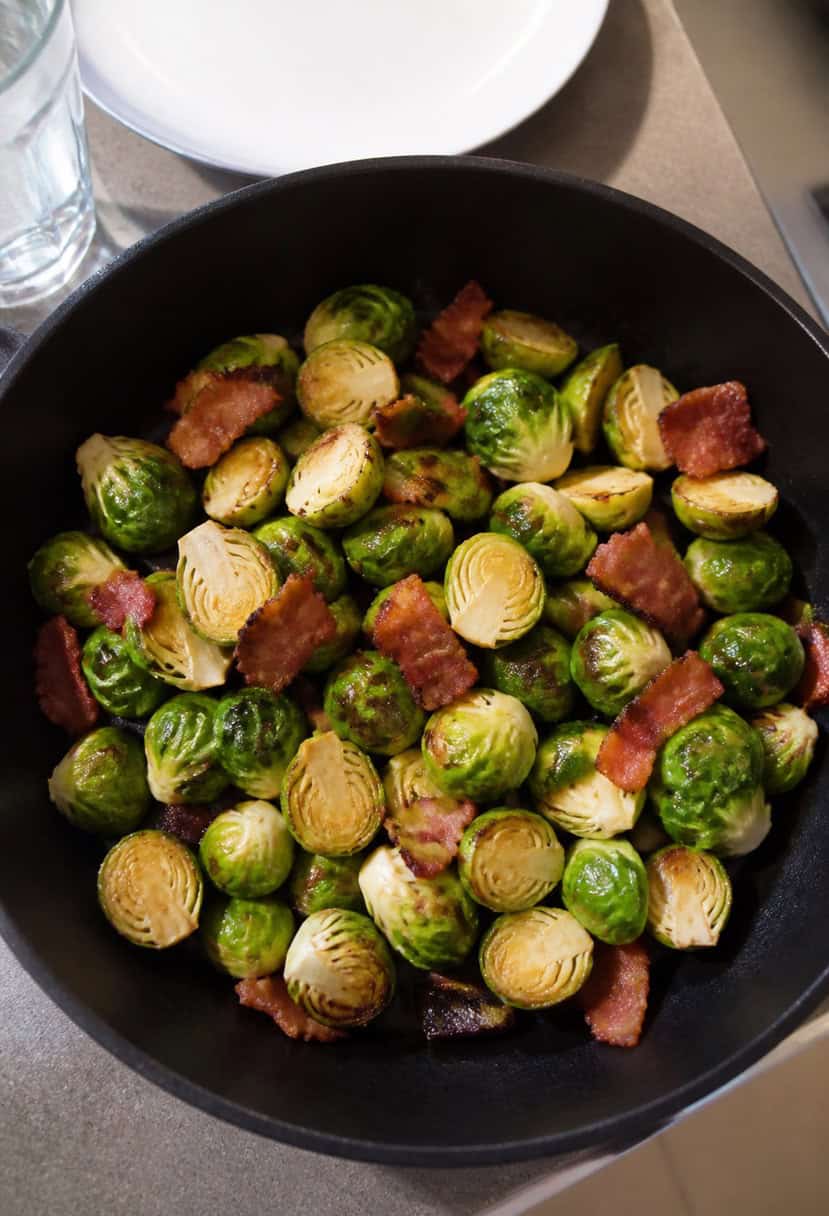 A sizzling skillet of Brussels sprouts and bacon, surrounded by festive Thanksgiving decor
