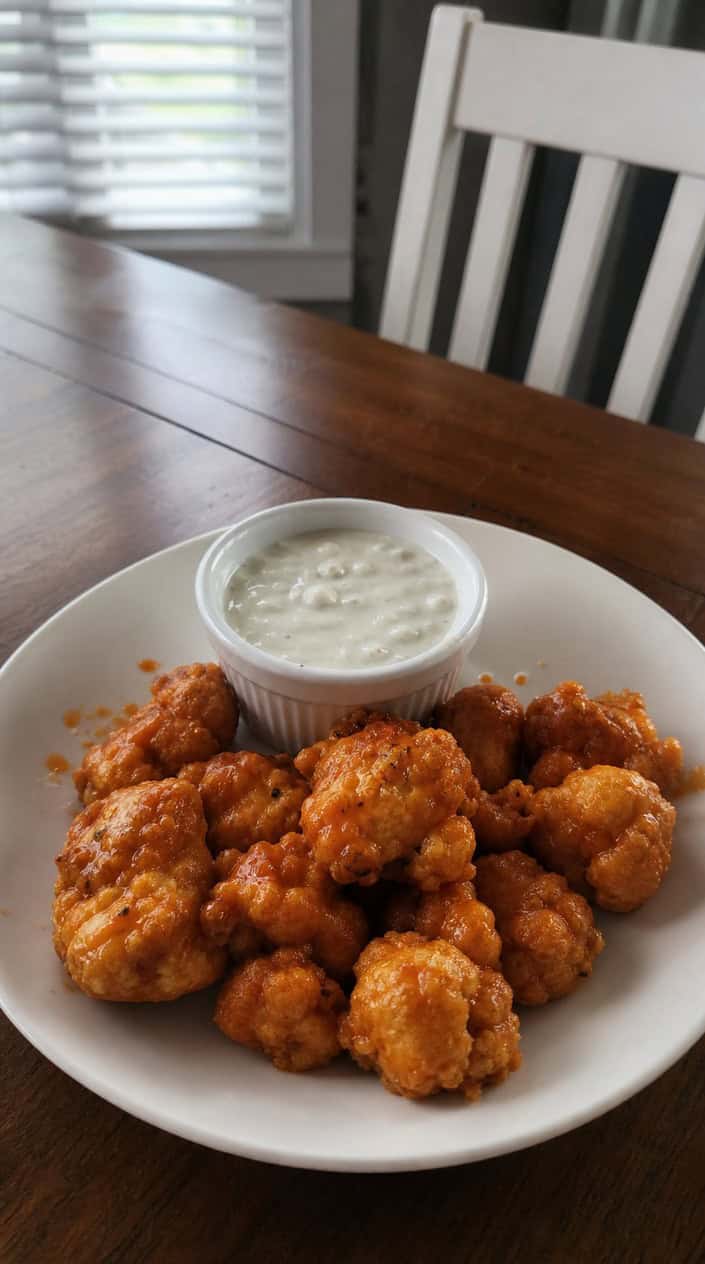 A bowl of buffalo cauliflower bites with a side of blue cheese dip, celery, and carrot sticks on a wooden table set for a game day snack.