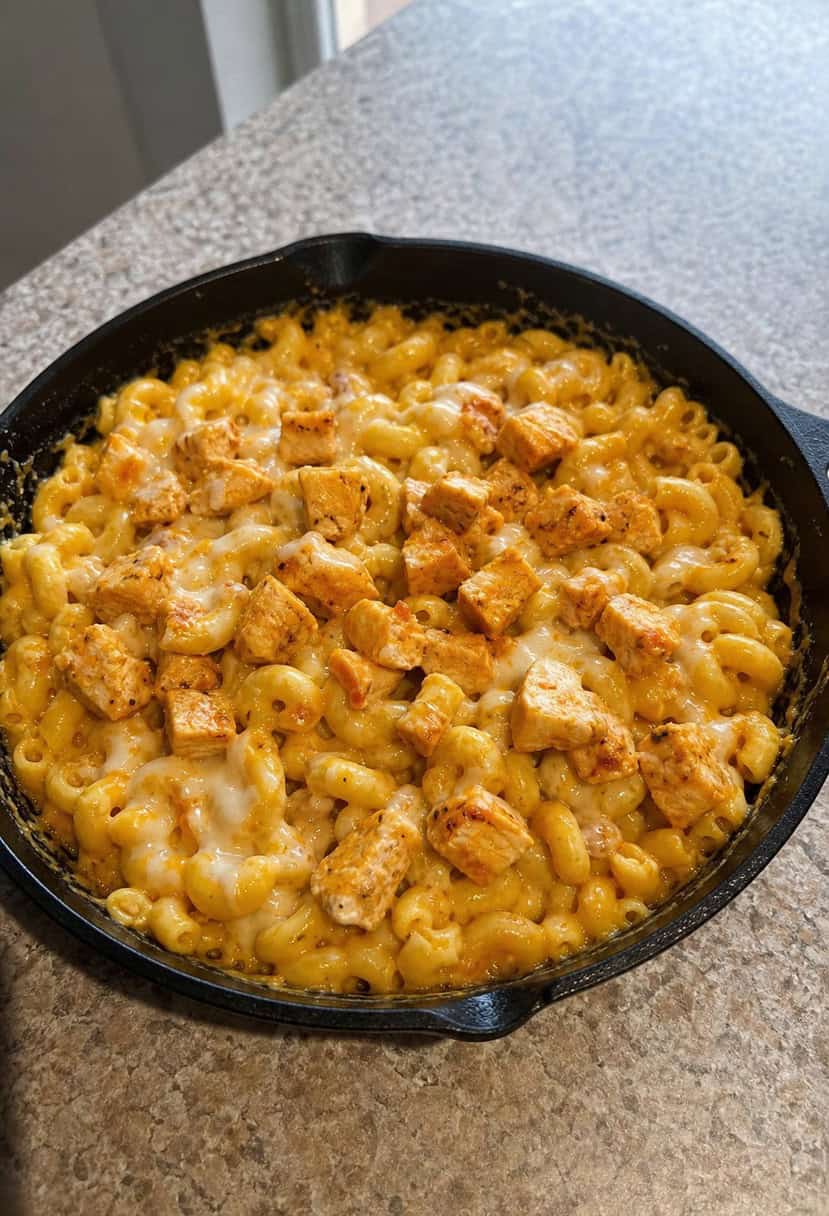 A bubbling skillet filled with creamy mac and cheese, topped with chunks of buffalo chicken and melted cheese, surrounded by a warm and inviting kitchen setting