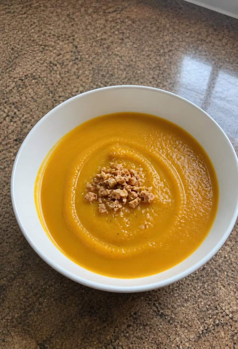A steaming bowl of butternut squash soup surrounded by colorful autumn leaves and a rustic wooden spoon