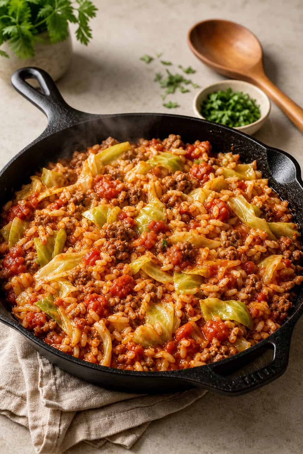 A large dark skillet filled with ground beef, shredded green cabbage, cooked white rice, and a rich red tomato sauce, photographed from above on a neutral surface.