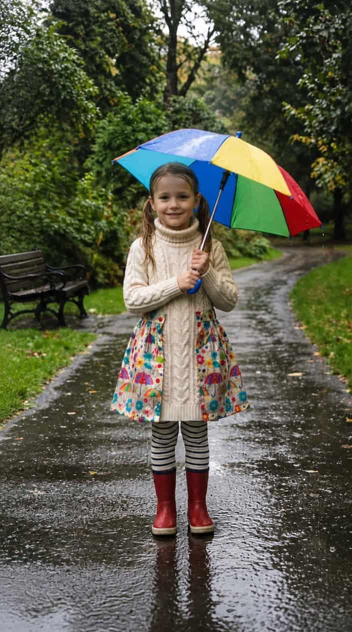 Little Girl Dress Styles for a Rainy Birthday Party 9 A young girl standing outside on a rainy day holding an umbrella, wearing a knit dress with a waterproof overskirt.