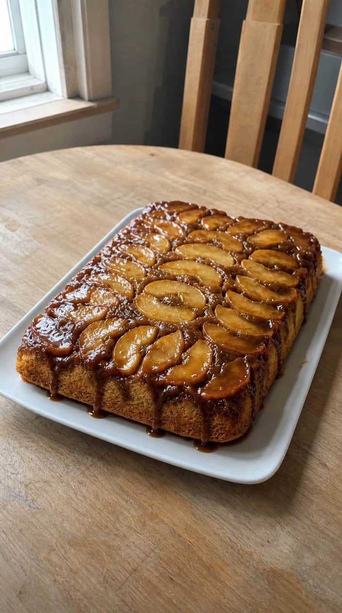 A caramel apple upside-down sheet cake with caramelized apple slices on top placed on a wooden table with autumn leaves and cinnamon sticks around it.