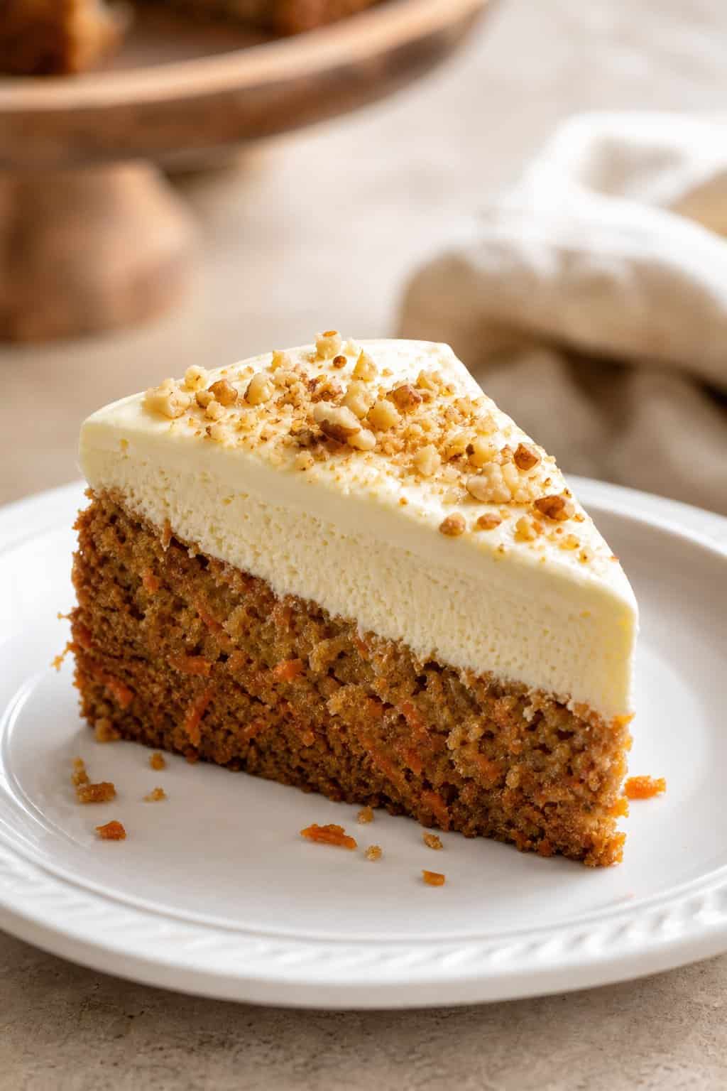A slice of layered carrot cake cheesecake showing a spiced orange-brown cake layer beneath a thick cream cheese filling, topped with white frosting and a scattering of chopped walnuts on a white plate.