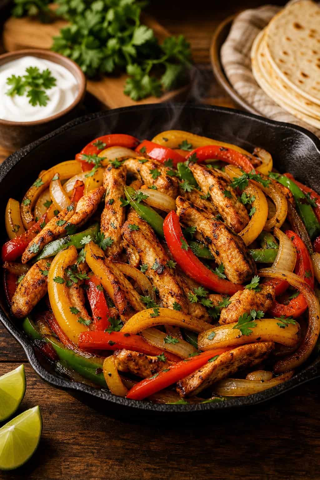 A seasoned cast-iron skillet packed with sliced grilled chicken strips, bright red and yellow bell pepper ribbons, and soft caramelized onions, surrounded by halved lime wedges, a small bunch of cilantro, stacked flour tortillas, and a ramekin of dipping sauce.