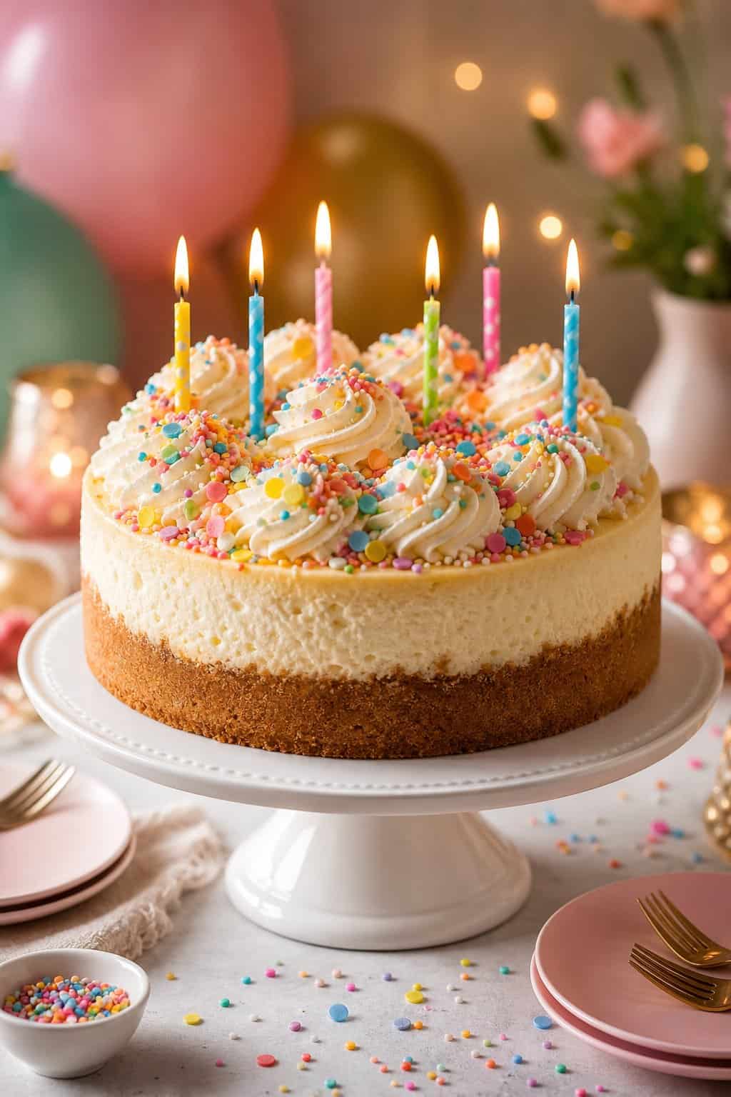 A cheesecake on a white cake stand topped with swirled whipped cream, colorful rainbow sprinkles, and small birthday candles.
