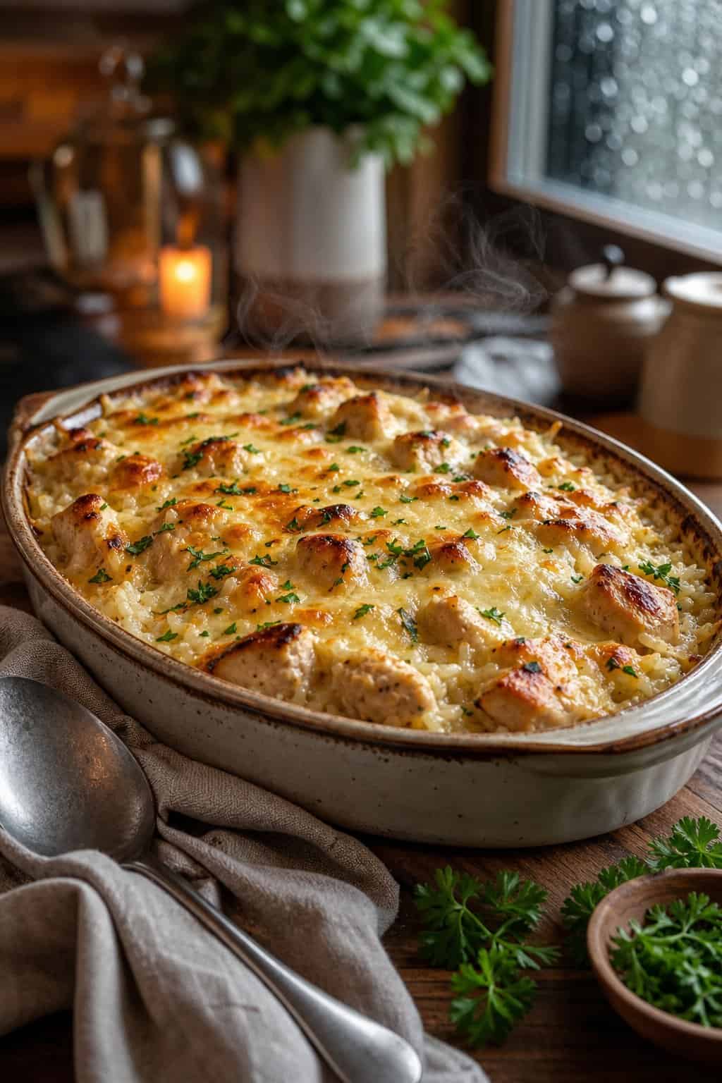 A cheesy chicken and rice casserole in a cream-colored ceramic baking dish, bubbling at the edges, sitting on a warmly lit kitchen table.
