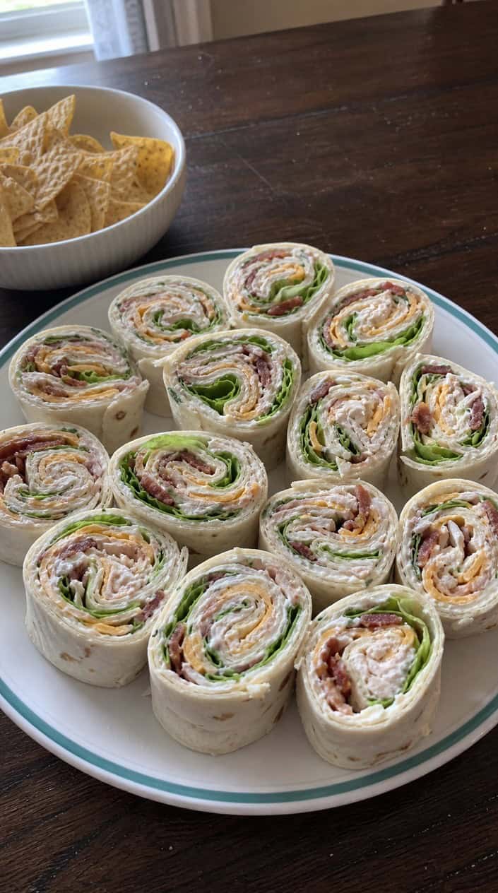 A platter of chicken bacon ranch pinwheels arranged on a wooden board with a bowl of dipping sauce and tortilla chips nearby.
