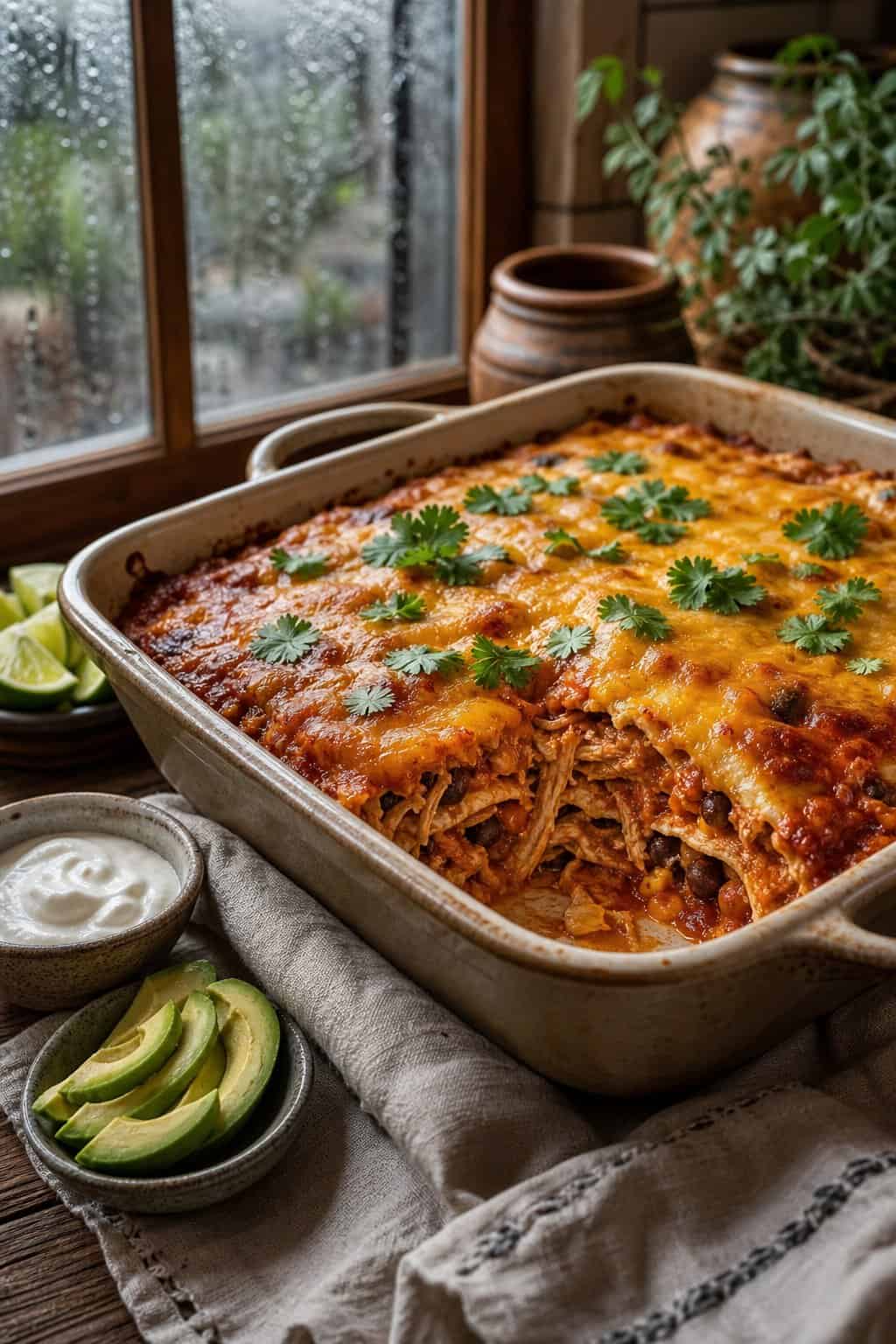 A cheesy chicken enchilada casserole with layered corn tortilla strips, red enchilada sauce, and melted Mexican-blend cheese in a ceramic baking dish on a kitchen table.