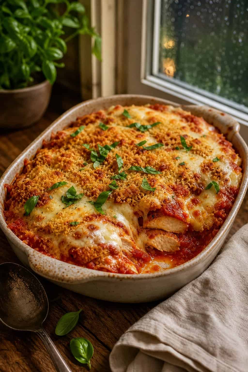 A bubbling chicken Parmesan casserole with golden Italian-seasoned breadcrumbs, melted mozzarella, and visible penne pasta in a rectangular baking dish on a kitchen table.