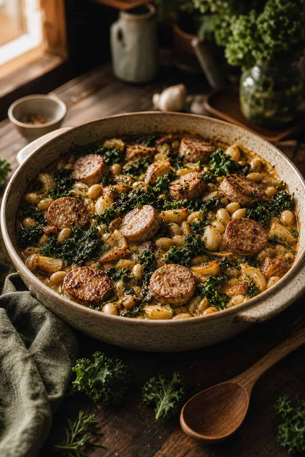 A rustic enameled skillet on a weathered wood table holding sliced chicken sausage rounds, dark wilted kale leaves, and creamy white beans with a golden cheese-topped crust around the edges.