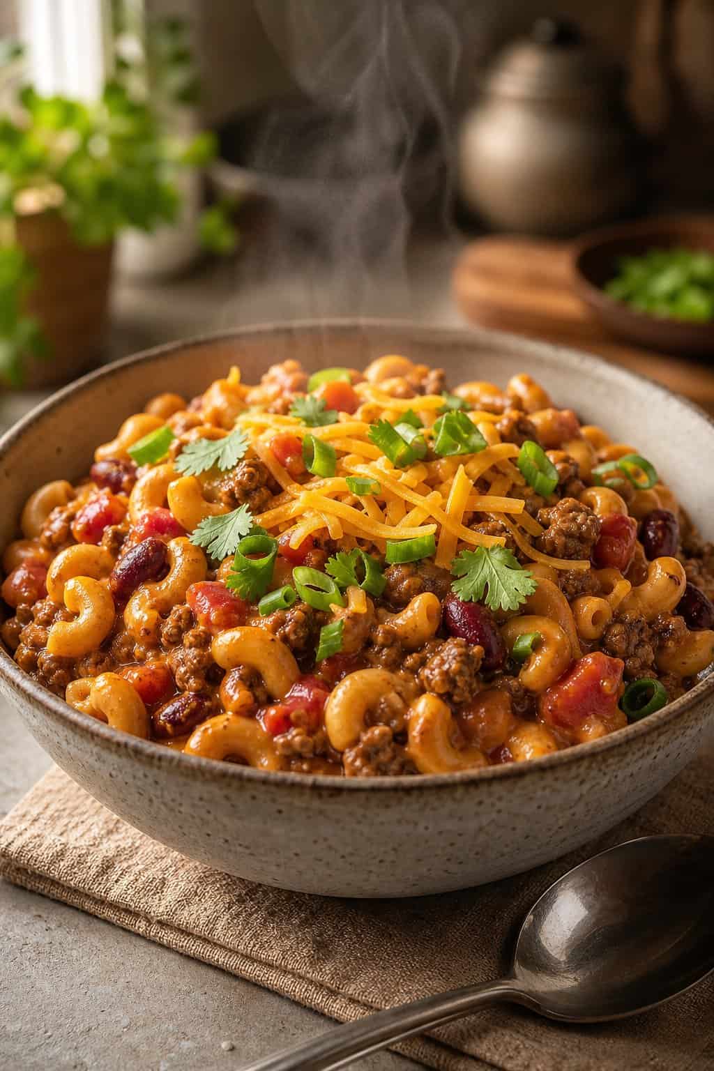 A deep bowl of orange-red chili macaroni with visible ground beef, dark kidney beans, diced tomatoes, shredded cheddar pooling into the pasta, and sliced green onions across the top.
