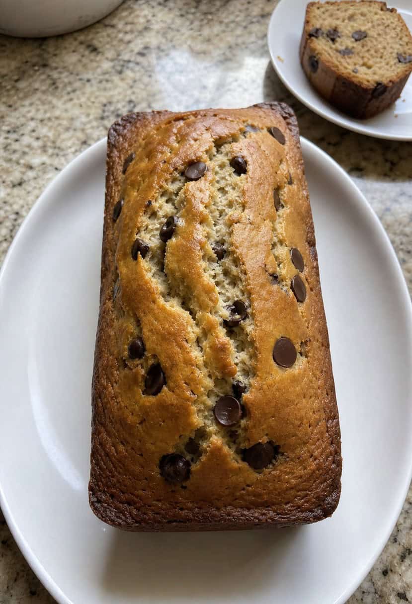 A wooden table with a loaf of chocolate chip banana bread surrounded by 21 different banana bread recipes