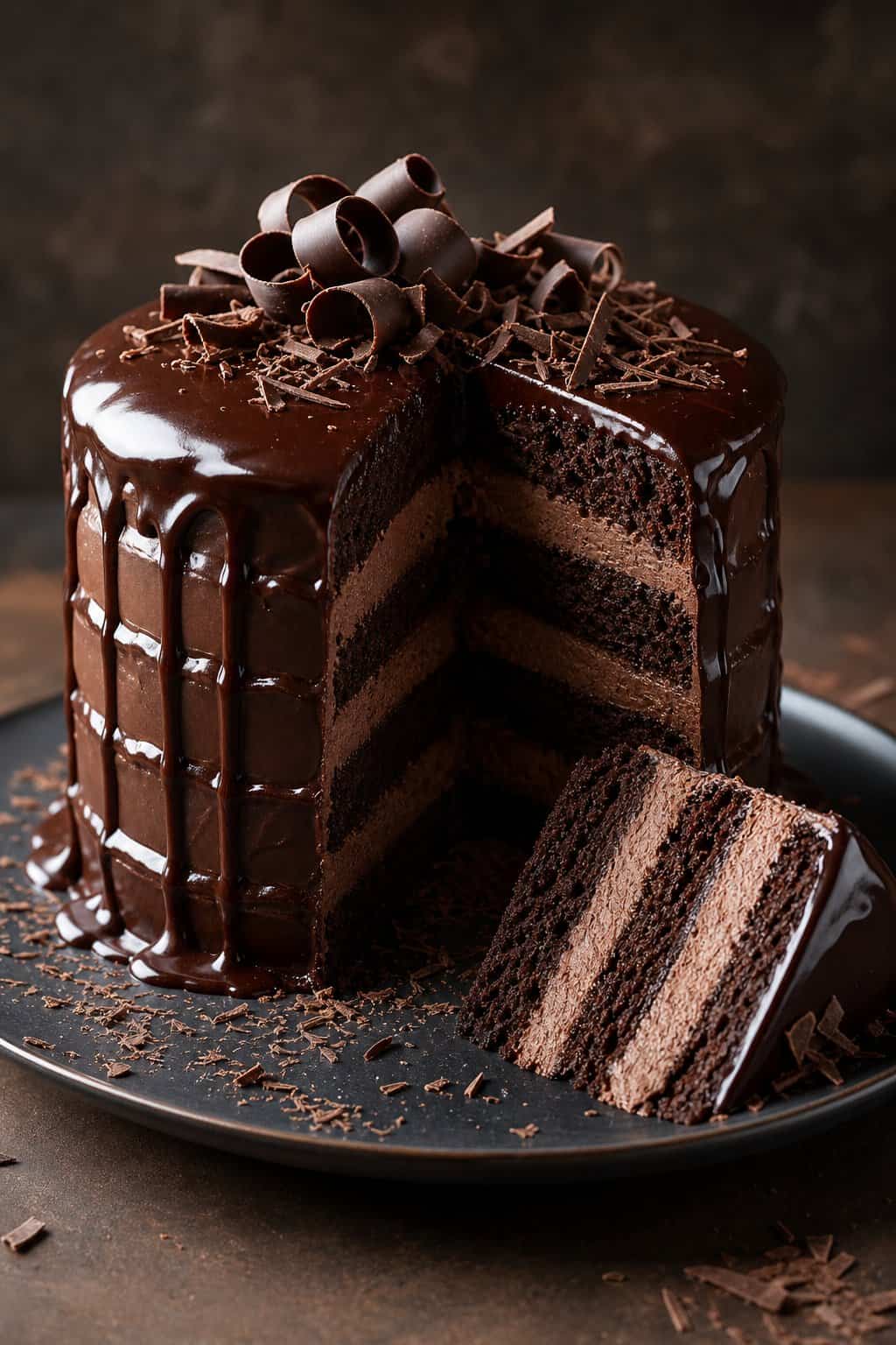 A tall round chocolate truffle cake covered in a smooth dark ganache shell, with a cut slice showing alternating layers of dark chocolate cake and pale cream truffle filling.
