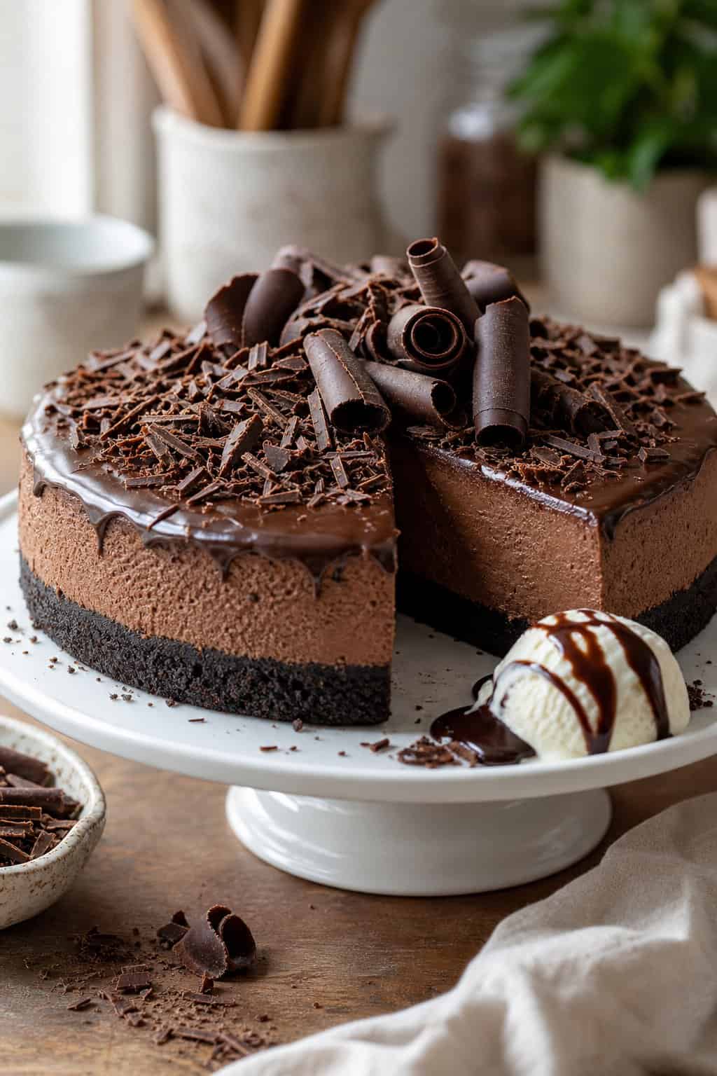 A rich chocolate cheesecake topped with a thick dark ganache, chocolate shavings and curls, served alongside a scoop of vanilla ice cream on a white dessert plate.