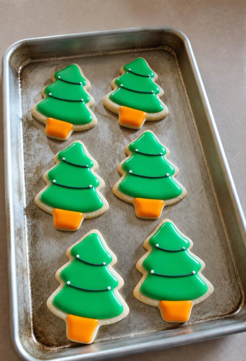 A festive kitchen scene with a tray of Christmas lights-shaped cookies surrounded by ingredients and holiday decorations