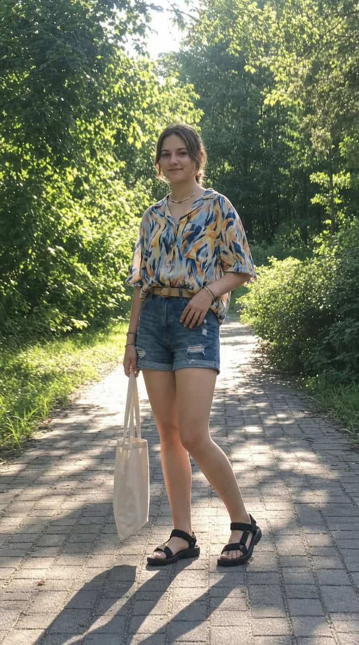 22 Teen Girl Summer Outfits for the Year She Suddenly Cares What She Wears 12 A teenage girl standing outdoors on a sunny day wearing chunky dad sandals, denim shorts, and a colorful top.