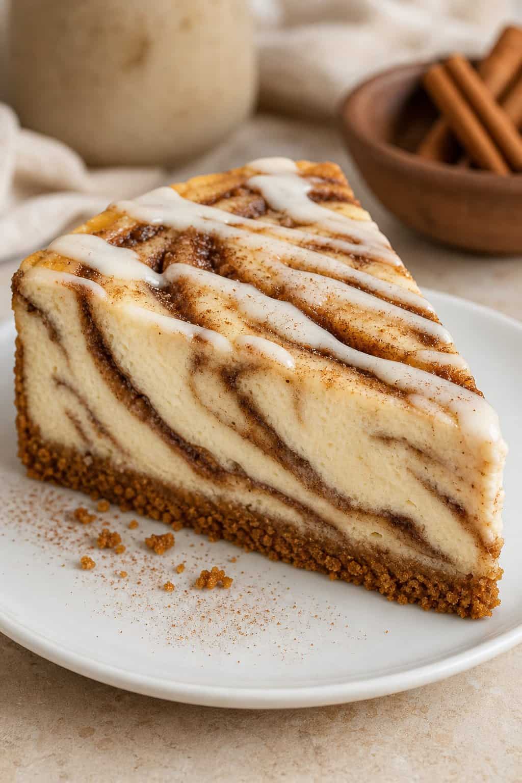 A slice of cinnamon swirl cheesecake with visible brown sugar cinnamon ribbons through the pale filling and a drizzle of white cream cheese icing on top, served on a white plate.