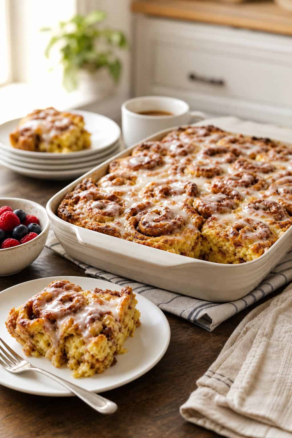 A warm cinnamon roll breakfast casserole with golden-brown top in a white ceramic baking dish on a wooden table, with fresh berries on a small plate and a folded linen napkin nearby.