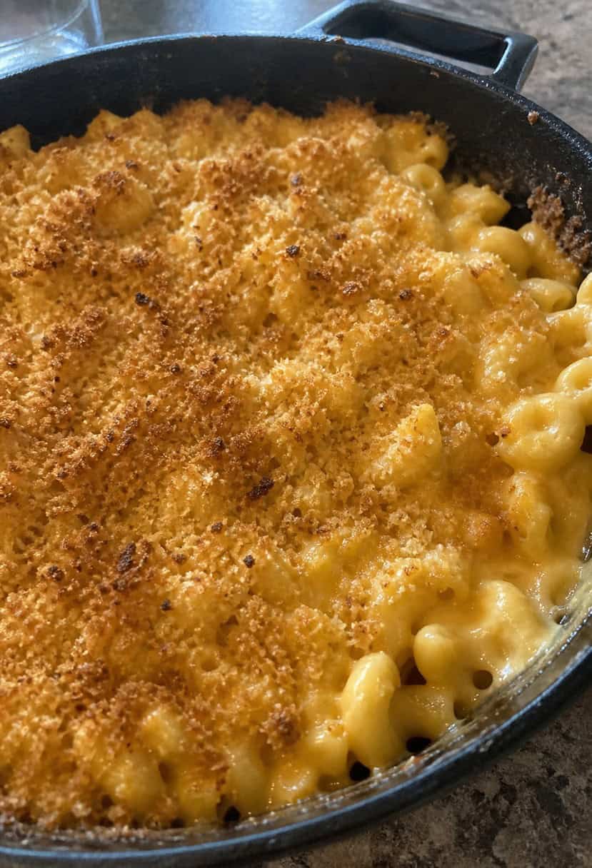 A bubbling skillet of classic cheddar mac and cheese, with golden breadcrumbs on top, surrounded by steam rising from the dish