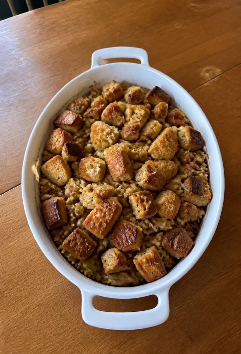 A table set with a golden-brown, steaming dish of classic Thanksgiving stuffing, surrounded by autumn leaves and festive decor