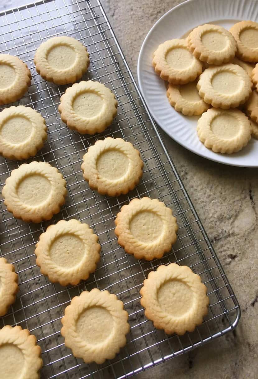 A festive kitchen counter with a tray of freshly baked classic sugar cookies cooling next to a rolling pin and cookie cutters